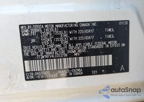 2020 Toyota Rav4 Xle z USA, uszkodzony, nr VIN 2T3W1RFV4LC053798